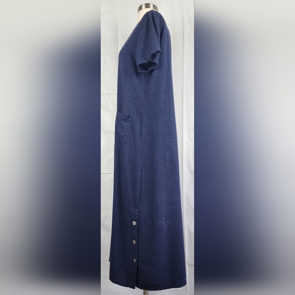 Vintage 90’s Navy Blue Lagenlook Linen Blend Pinafore T Shirt Midi Dress M - Picture 5 of 10